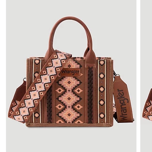 SOUTHWESTERN PRINT CROSS BODY CANVAS MINI TOTE IN DARK BROWN - Picture 2 of 5